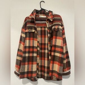 BKE Plaid Utility Shacket in Rust, Brown & Cream